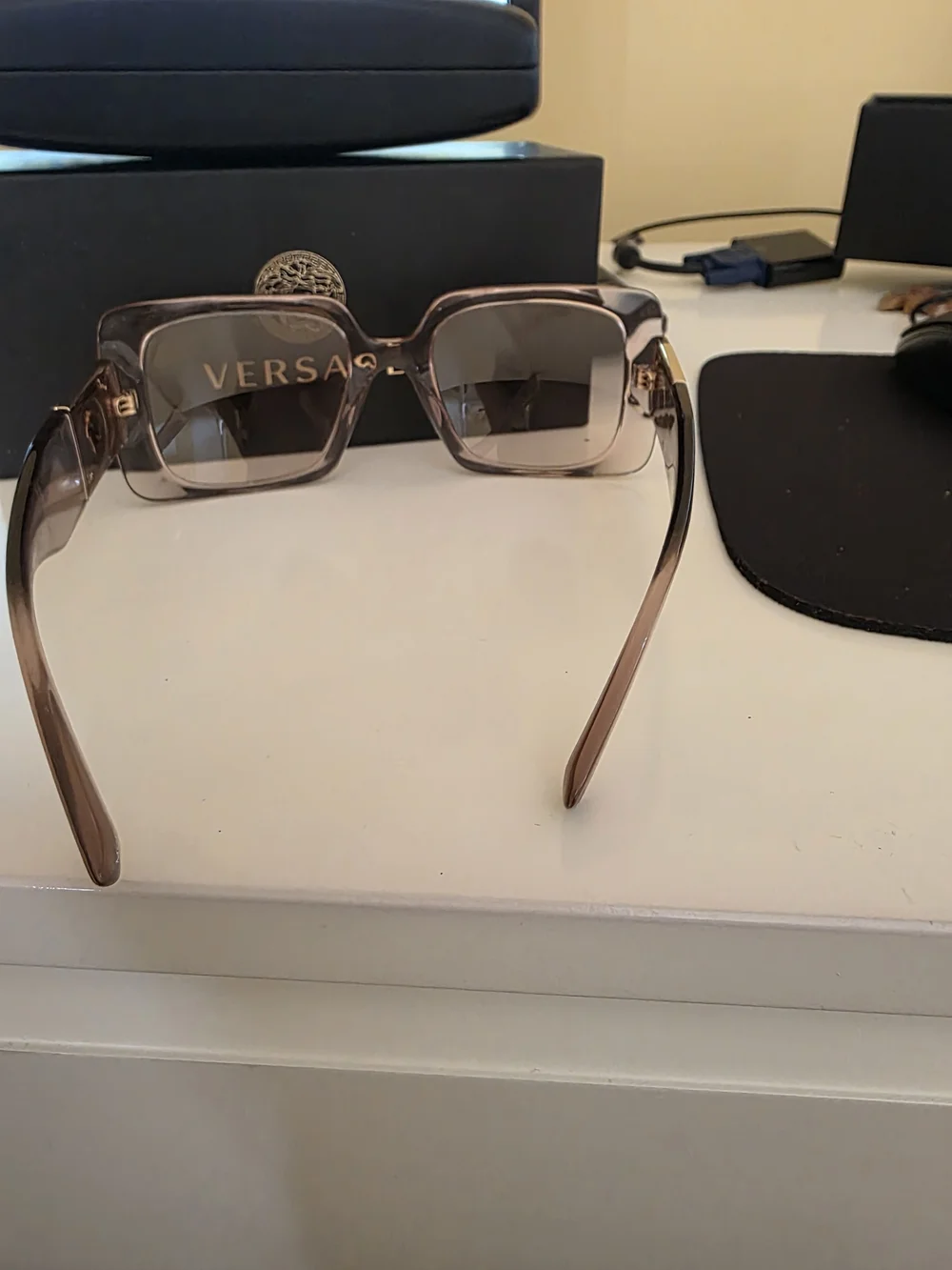 Versace Square Oversized Sunglasses in Blush Transparent Frame